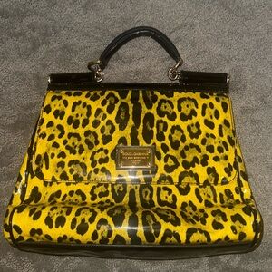 DOLCE & GABBANA Black/yellow Leopard Print patent Large Miss Sicily Top Handle